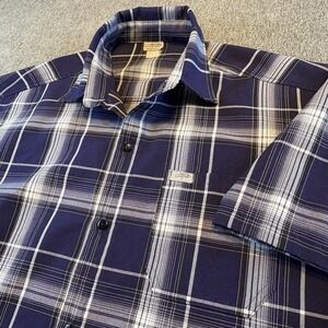 Vintage CALTOP Plaid Button Up Shirt Men's XL Gray Black Blue Short Sleeve USA